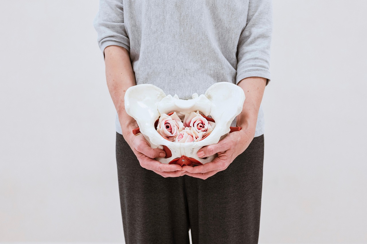 pelvic bone, pelvic floor, yoga, flowers, femininity, background, female body